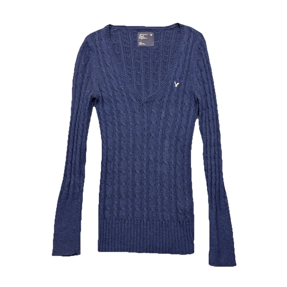 Y2K American Eagle Cable Knit Sweater Deep V Neck Layering Blue Size L